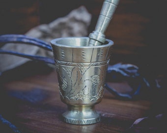 French antique brass mortar and pestle in lovely handmade ornate style; perfect for herbs on the altar.