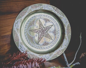 Magnificent brass Pentagram Altar plate, gorgeous ornate detailing in copper and white, perfect for holding crystals, spells and candles.