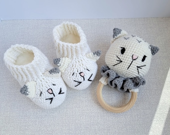 Katze, Rassel, Amigurumi, Baby Schuhe, Neugeborene Schuhe, Baby shower Geschenk, Schwangerschaft Geschenkbox, Booties, Greifling