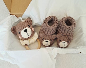 Bär, Rassel, Amigurumi, Baby Schuhe, Neugeborene Schuhe, Baby shower Geschenk, Schwangerschaft Geschenkbox, Bär Rassel, Booties, Bär Schuhe