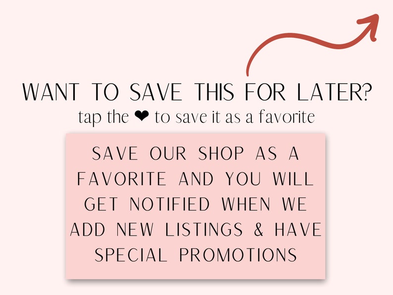 Peut inclure: Texte rose sur fond blanc avec une fl&egrave;che rouge pointant vers le texte. Le texte dit : "VOUS VOULEZ ENREGISTRER CELA POUR PLUS TARD ? Appuyez sur le c&oelig;ur pour l'enregistrer dans vos favoris ENREGISTREZ NOTRE BOUTIQUE COMME FAVORI ET VOUS SEREZ AVERTIS LORSQUE NOUS AJOUTONS DE NOUVELLES LISTES ET QUE NOUS AVONS DES PROMOTIONS SP&Eacute;CIALES"