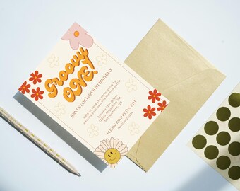 Groovy ONE year old Birthday Invitation