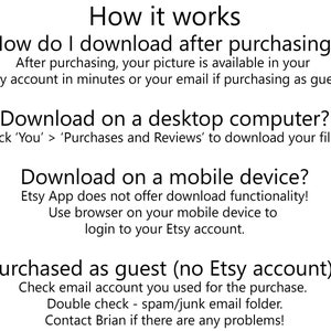 Puede incluir: Instrucciones sobre c&oacute;mo descargar una compra digital de Etsy. El texto explica c&oacute;mo descargar una compra despu&eacute;s de comprar, c&oacute;mo descargar en una computadora de escritorio, c&oacute;mo descargar en un dispositivo m&oacute;vil y c&oacute;mo descargar si compraste como invitado.