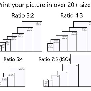 Puede incluir: Un diagrama que muestra diferentes tama&ntilde;os de impresi&oacute;n para fotos en tres relaciones de aspecto: 3:2, 4:3 y 5:4. El diagrama tambi&eacute;n muestra los tama&ntilde;os de papel ISO est&aacute;ndar para una relaci&oacute;n de aspecto de 7:5, incluyendo A1, A2, A3, A4 y A5.