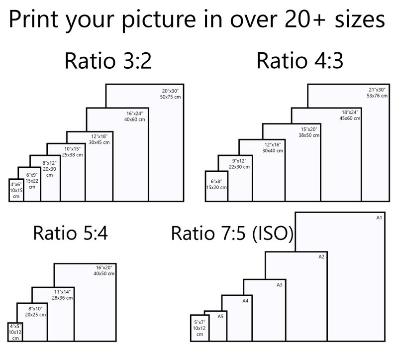 Puede incluir: Un diagrama que muestra diferentes tama&ntilde;os de impresi&oacute;n para fotos en tres relaciones de aspecto: 3:2, 4:3 y 5:4. El diagrama tambi&eacute;n muestra los tama&ntilde;os de papel ISO est&aacute;ndar para una relaci&oacute;n de aspecto de 7:5, incluyendo A1, A2, A3, A4 y A5.