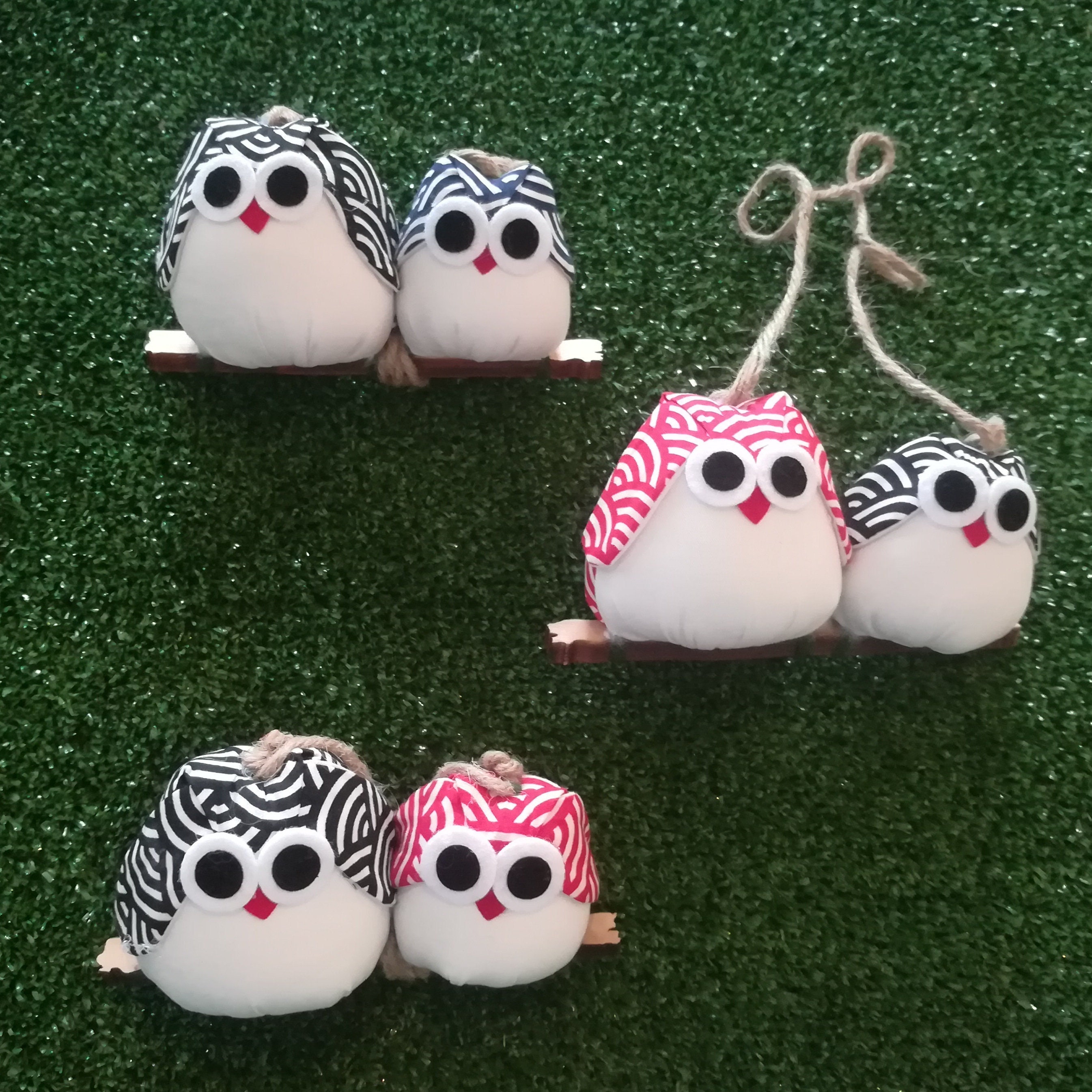 Chouette Famille 2 Hibou Tissu Courbe Personnalisé Prénom sur Branche avec Cordelette Cadeau Unique 