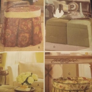 May include: A collage of images showcasing various upholstered furniture pieces. The designs include a round ottoman with a floral skirt, two square ottomans, and a rectangular ottoman with a tray of flowers. The color palette features warm tones and floral patterns.