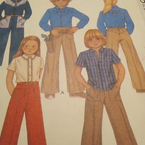 May include: Vintage McCall's sewing pattern featuring illustrations of children's clothing. The designs include a cowboy-themed outfit with a hat and holster, and other casual wear options. The color palette includes blue, brown, and red.