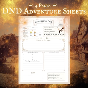 May include: A printable Dungeons and Dragons adventure log sheet with sections for character information, places of interest, who you met, noteworthy events, loot, and remaining resources. The sheet has a vintage, parchment-like background with a medieval-style illustration of a building.