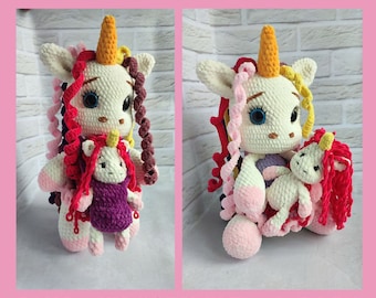 May include: A crochet pattern for a plush white unicorn holding a smaller white unicorn baby. The unicorn has pink, red, and brown yarn for its mane and tail. The baby unicorn has red yarn for its mane and tail. The pattern is titled "3 Crochet Pattern Plush Unicorn with a Baby".