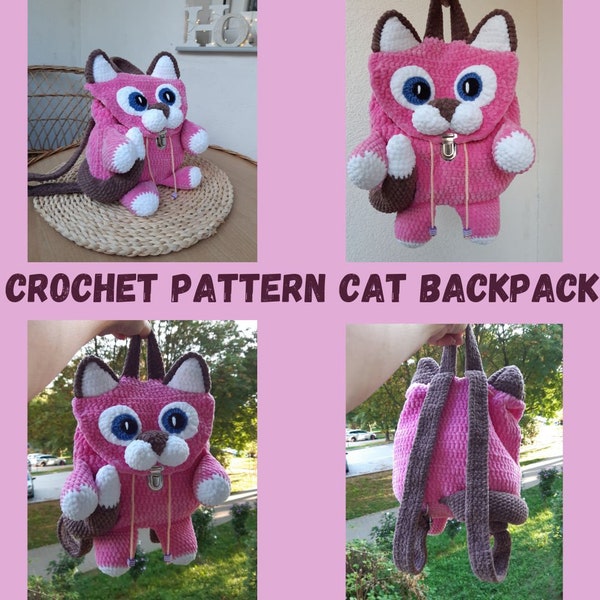 Cat Backpack Crochet Pattern Amigurumi, Crochet Cat Bag Pattern, Backpack amigurumi pattern, Nursery Backpack, Gift For Girls, Baby backpack