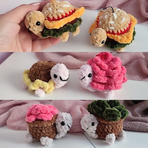 May include: A collection of handmade crocheted turtle toys. The turtles are made with different coloured yarn and have various designs, including a pink and brown turtle with a pink shell, a brown and yellow turtle with a brown shell, a green and brown turtle with a green shell, and a brown and white turtle with a white shell.