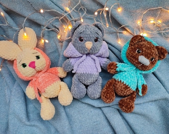 3 cat, bunny, bear crochet patterns, crochet bunny PDF, crochet bear PDF, crochet cat PDF, set of 3 crochet pattern toys, crochet animals