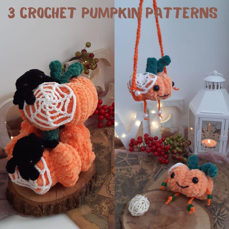 May include: Three crocheted pumpkin patterns. The first is a stack of three pumpkins with a white crocheted spiderweb on the top pumpkin. The second is a single pumpkin with a white crocheted spiderweb and hanging from a string. The third is a single pumpkin with a green stem and a smiling face.