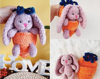 Gehaakte konijntjesbaby in een rugzak in de vorm van een wortel, GEHAAKT KONIJNTJE Patroon, Gehaakt Dierenpatroon, Amigurumi konijnenpatroon Speelgoed