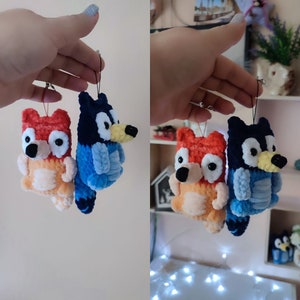 Heeler hond sleutelhangers haakpatroon, blauwe hond rugzak charme, Heeler knuffels haakpatroon, blauwe Heeler hond knuffel