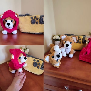Crochet Corgi Puppy, Amigurumi Corgi Dog Puppy, 3 Crochet  pattern dog+ jumpsuit+ bag, corgi plush, dog toy, plush pattern
