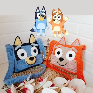 2 Cartoon Charaktere Tasche Muster, Bingo Tasche, blauer Hund, Kinder Umhängetasche, Tasche Häkelmuster, Häkeltasche Muster, Geschenk für Jungen, Baby Tasche
