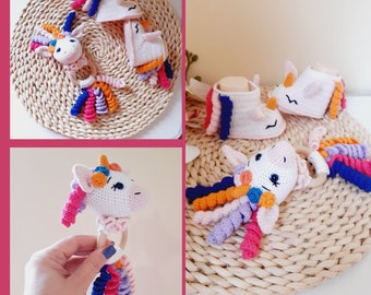 2 Crochet Patterns Rattle Unicorn and Booties, Set Rattle Toy and Booties Unicorn, Cotton Slippers, Newborn Gift, Rattle animals