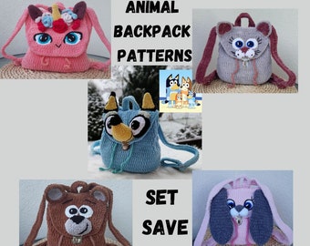 5 crochet animals backpack patterns, Cat Backpack Crochet Pattern, Bunny backpack PDF, Bear Backpack PDF, Bluеy Backpack, Unicorn Backpack