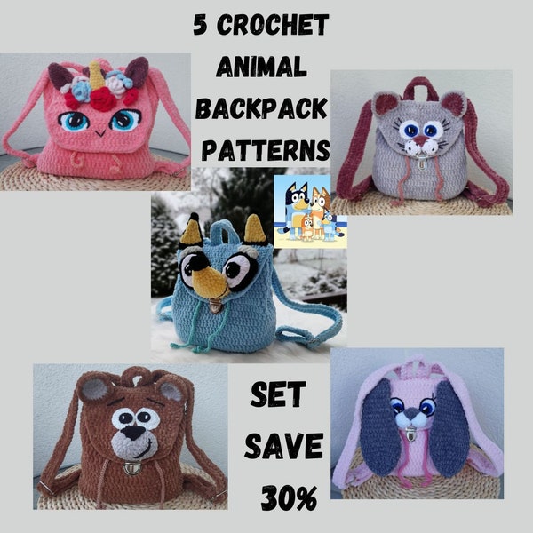 5 Häkeltiere-Rucksackmuster, Katzen-Rucksack-Häkelmuster, Hasen-Rucksack PDF, Bären-Rucksack PDF, Bluey-Rucksack, Einhorn-Rucksack