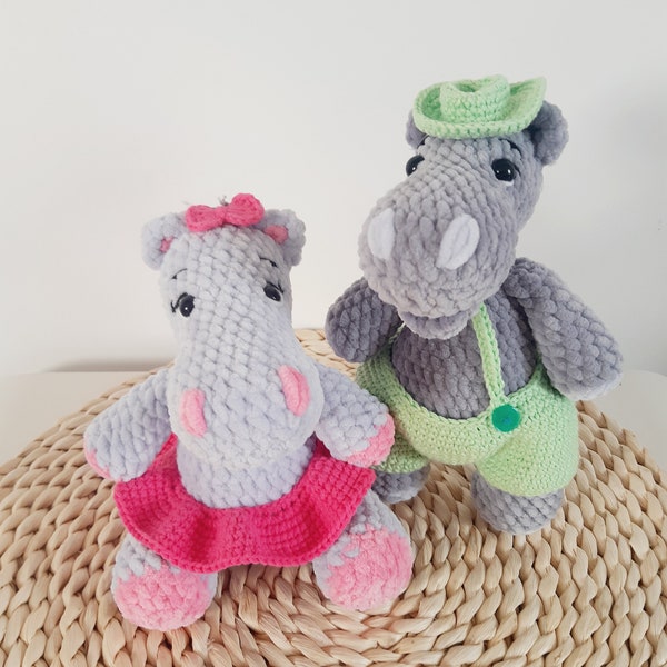 Crochet hippo pattern amigurumi + crochet pattern for clothes, Amigurumi animals pattern,  Hippo toy and girl, Crochet safari animals, hippo