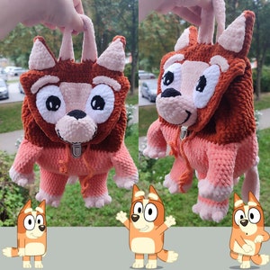 Taschenmuster mit 2 Cartoon-Figuren, Häkelmuster für einen Rucksack von Bluey und Bingo, Hündchen, Babytasche, Kindertasche, Blauer Hund – Rucksack