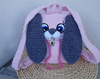Сrochet backpack bunny, Kids backpack rabbit, Crochet children's backpack in the form of a rabbit, Children's bag gray, Backpack toy rabbit.