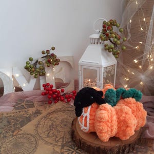 May include: A crocheted orange pumpkin with a black spider on top. The pumpkin has a green stem and white web details. The pumpkin is sitting on a wooden slice.