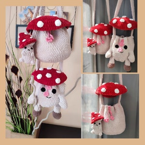May include: Three crocheted mushroom-shaped bags with a white and red color scheme. Each bag has a small crocheted mushroom attached to the top. The bags are made with a soft, fluffy yarn.