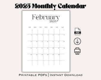 2025 Minimalist Calendar, Printable Monthly Agenda (Digital Download)