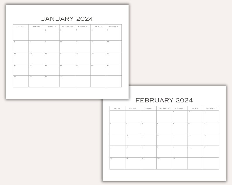 2024 Monthly Calendar, Minimalist Calendar, Landscape, Printable
