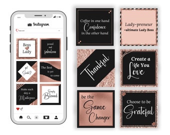 Rose Gold Instagram Post Templates | Black Motivational Quotes (PNG Digital Download)