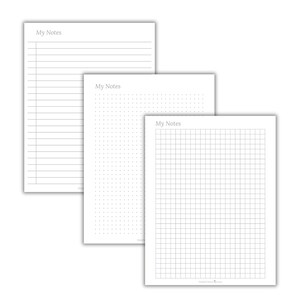 May include: Three blank note pages with the title "My Notes" at the top of each page. The first page has horizontal lines, the second page has small dots, and the third page has a grid pattern.