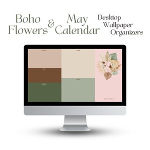 Puede incluir: Una pantalla de ordenador de sobremesa que muestra un calendario digital para el mes de mayo con un diseño floral. El calendario está dividido en cuatro secciones: "tareas", "notas", "programación" y "objetivos". El diseño floral presenta flores secas y hojas en tonos marrones, beige y rosa.