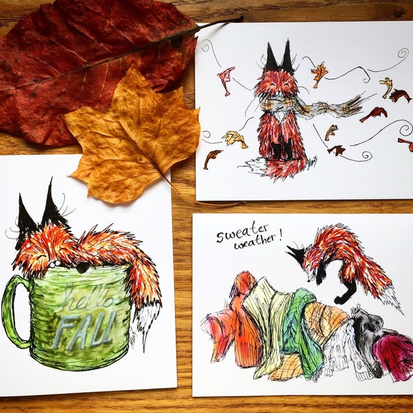 Autumn fox greeting cards, sweater weather, hello fall, fall decor, i love fall