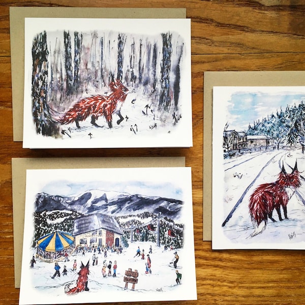 Fox in snowy woods, winter snow scene fox card set, fox snow traintracks, foxes trains card, fox railroad, fox austria snow, fox snow skiing