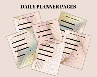 Può includere: Sei pagine di pianificatore giornaliero stampabili con uno sfondo ad acquerello in tonalità di rosa, pesca e blu. Ogni pagina ha il titolo "Il mio pianificatore giornaliero" e include sezioni per obiettivi, lista di cose da fare e note.