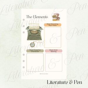 May include: A printable planner page in beige and white, featuring the title "The Elements". It includes illustrations of a vintage typewriter and pocket watch, with boxes for notes. The text "Literature & Pen" is also present.