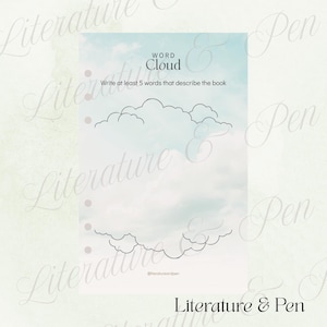 May include: A light blue and white Word Cloud worksheet with cloud outlines. The text reads "Write at least 5 words that describe the book." The Literature & Pen logo is at the bottom.