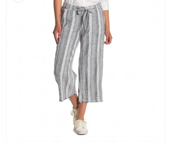Caslon Striped Linen Blend Tie Waist High Rise Cropped Straight Leg Pants Size M Etsy UK
