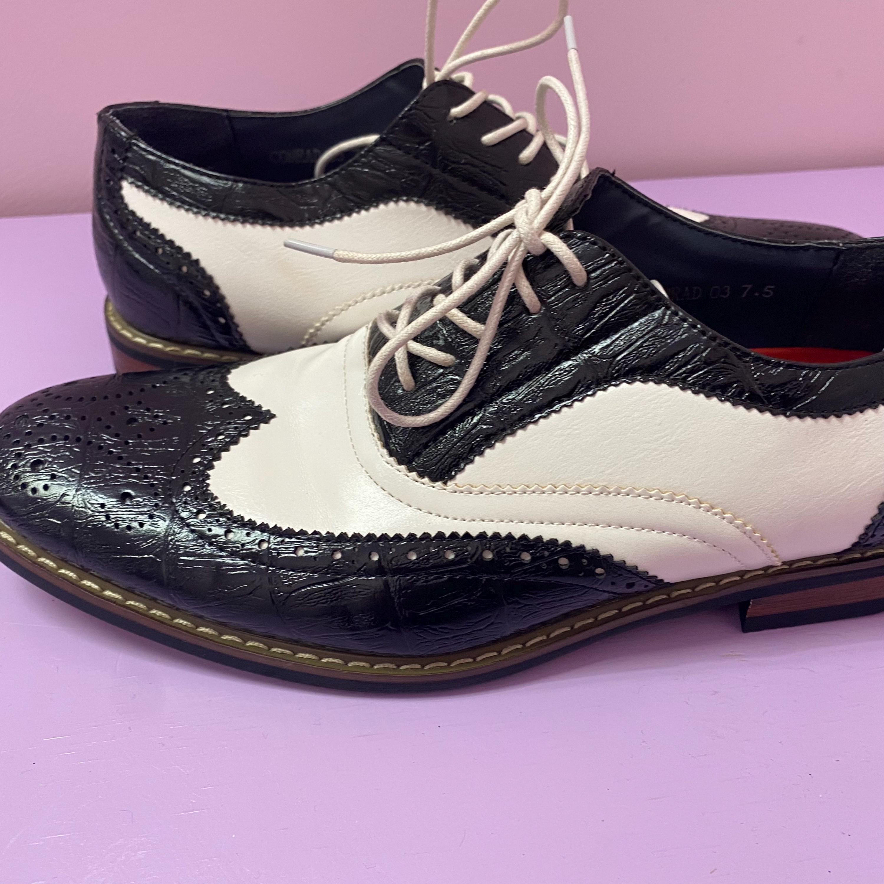 Parrazo Men Dress Shoes Wingtip Oxford Black white Lace up Faux Leather Size 8 Etsy UK