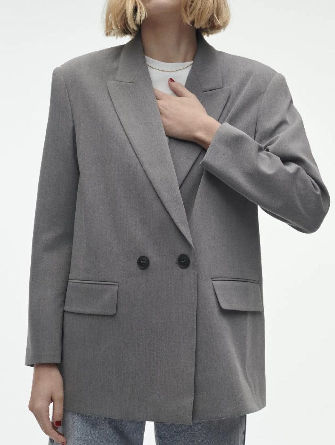 ZARA Oversized Double Breasted Grey Marl Lined Blazer Size L