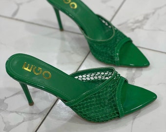 EGO Green Pointed Toe Sling Back High Heels with Embossed Print Detail, UK Size 6 Unworn