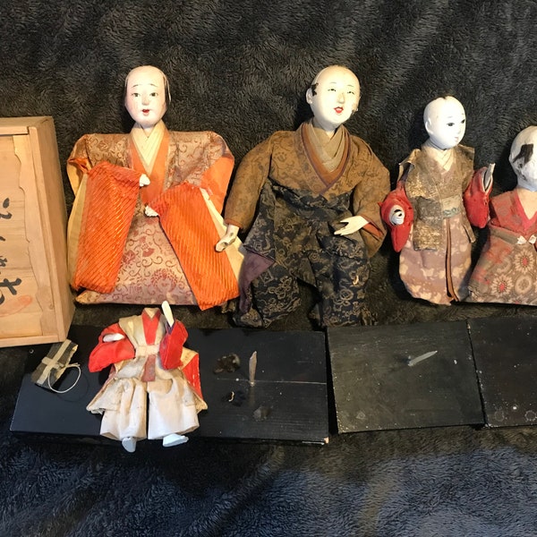 Lot 12 Girls Day Ningyo Gofun Doll samurai Japanese Hina Matsuri Japan wood case symbol box signed authentic hair display stand