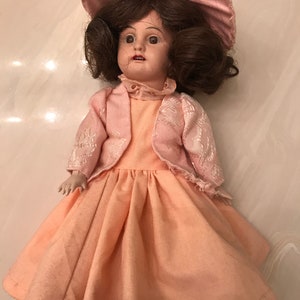 11 1/2&quot; Bisque Head doll AM Armand Marseille jointed composition handmade pink dress bonnet brunette hair