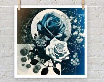 Surreal Cyanotype Roses Luster Print | 14 x 14 inches