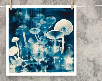 Surreal Cyanotype Mushrooms Luster Print | 14 x 14 inches