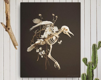 Bird Botanical Art Stretched Canvas Print | Next Life Best Life | 16 x 20 inches