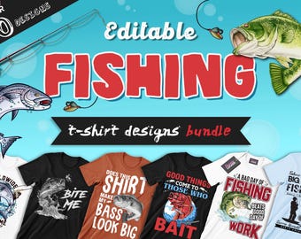 Paquete de 50 diseños editables de camisetas de pesca: imágenes vectoriales de peces, diseños de camisetas de pescadores, frases sobre peces y vectores de animales.